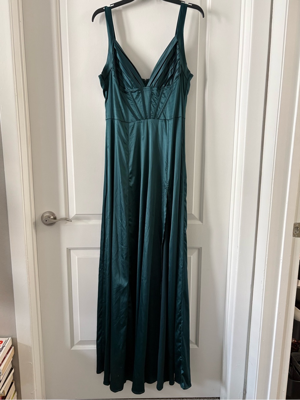 Turquoise/Green Satin Corset V-Neck Maxi Dress